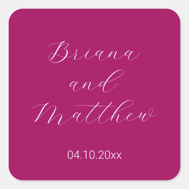 Adesivo Quadrado Casamento Magenta com Script Minimalista (Frente)