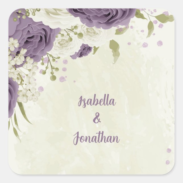 Adesivo Quadrado casamento mauve de flores brancas verde (Frente)