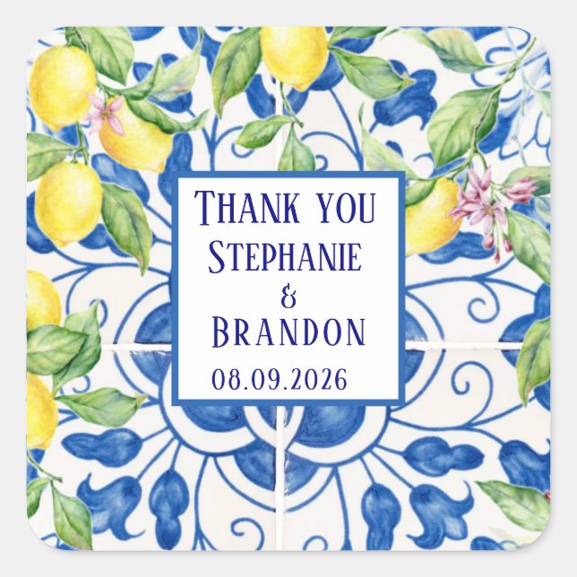 Adesivo Quadrado Casamento mediterrânico dos Azulejos Limões (Frente)