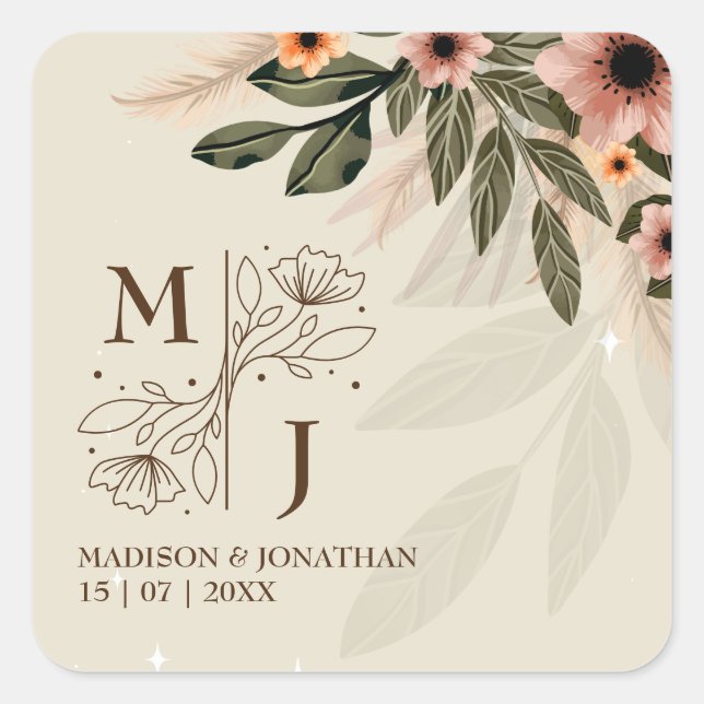 Adesivo Quadrado Casamento Minimalista Boêmio Rústico (Frente)