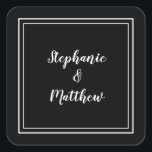 Adesivo Quadrado Casamento Minimalista Moderno Favor Preto e Branco<br><div class="desc">O moderno design de Casamento Mínimo e Chic apresenta os nomes da noiva e do noivo em um design moderno com uma fronteira dupla, em branco, sobre um sofisticado fundo preto. A design moderna é simples e chique. Personalize os detalhes do casamento com seus nomes em um roteiro branco nítido....</div>