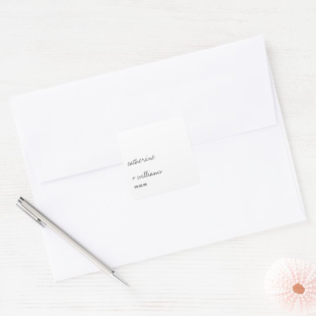 Adesivo Quadrado Casamento Mínimo de Script Preto e Branco Moderno (Envelope)