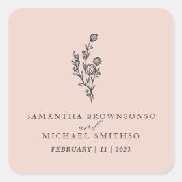 Adesivo Quadrado Casamento Mínimo Floral de Nome do Buquê Flor Rosa