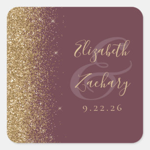 Adesivo Quadrado Casamento Moderno com Borda de Glitter Dourado em 