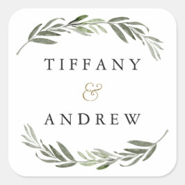 Adesivo Quadrado Casamento Moderno com Folha Verde de Watercolor