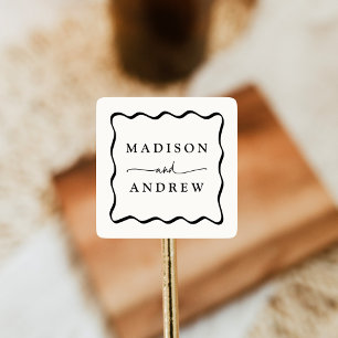 Adesivo Quadrado Casamento Moderno com Moldura Ondulada Creme e Pre
