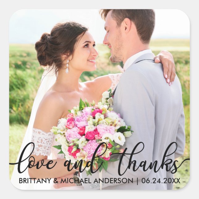 Adesivo Quadrado Casamento Moderno de Amor e Obrigados Obrigado Fot (Frente)