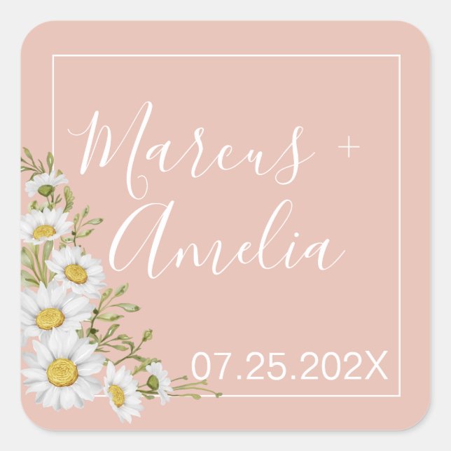 Adesivo Quadrado Casamento Moderno de Blush & White Daisies (Frente)