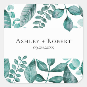 Adesivo Quadrado Casamento Moderno Elegante Teal Greenery Watercolo