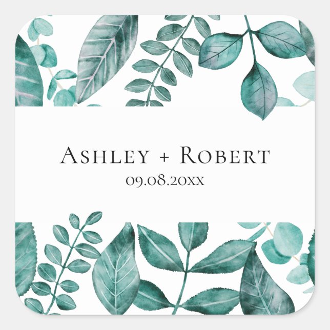 Adesivo Quadrado Casamento Moderno Elegante Teal Greenery Watercolo (Frente)