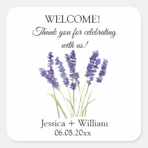 Adesivo Quadrado Casamento Moderno Floral de lavanda Watercolor