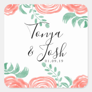 Adesivo Quadrado Casamento Moderno Peônia Coral Aquarela
