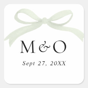 Adesivo Quadrado Casamento Monograma Aquarela com Laço em Verde Sag