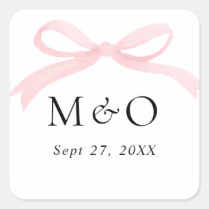 Adesivo Quadrado Casamento Monograma Aquarela Rosa Bege com Laço Mo