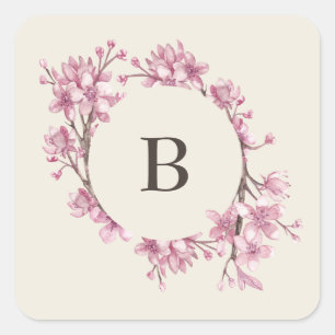 Adesivo Quadrado Casamento Monograma Flor de Cerejeira Rosa Elegant