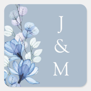 Adesivo Quadrado Casamento Monograma Floral Azul Empoeirado