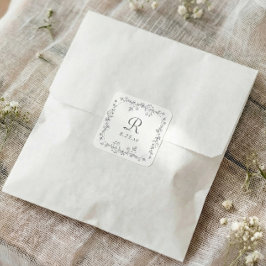 Adesivo Quadrado Casamento Monograma Floral Cinza Vintage Francês