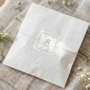 Adesivo Quadrado Casamento Monograma Floral Francês em Verde Sage V
