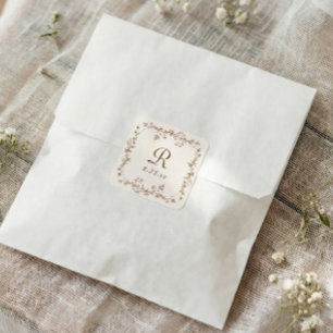Adesivo Quadrado Casamento Monograma Floral Marrom Vintage Francês