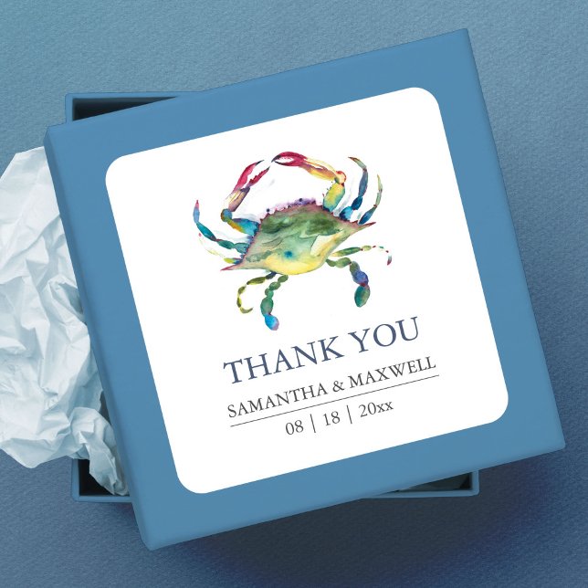 Adesivo Quadrado Casamento na Praia Favor de Agradecimento Carangue (Thank You Favor Square Sticker Beach Wedding Blue Crab art by Victoria Grigaliunas)