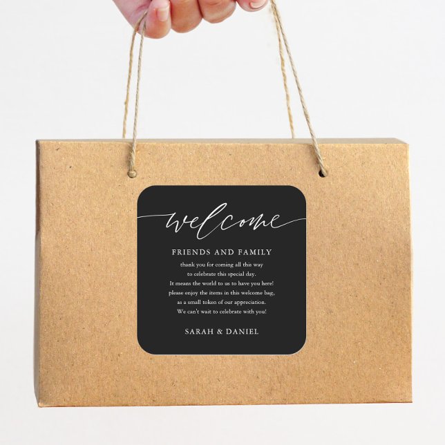 Adesivo Quadrado Casamento Negro Elegante - Bolsa de Boas-vindas (Criador carregado)