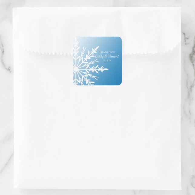 Adesivo Quadrado Casamento no inverno Azul Floco de Neve Obrigado E (Bolsa)