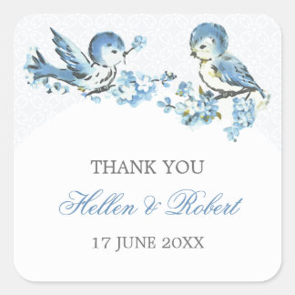 Adesivo Quadrado Casamento no inverno De Vintage Blue Birds Obrigad
