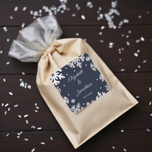 Adesivo Quadrado Casamento no inverno marinho Azul Flocos de Neve