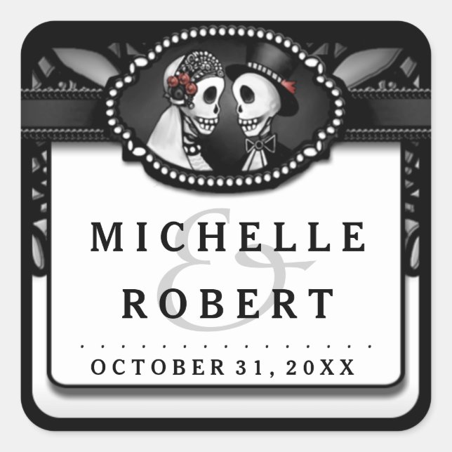 Adesivo Quadrado Casamento Nomes de Lace Branco Preto Skeletons Cas (Frente)