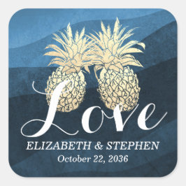 Adesivo Quadrado Casamento Obrigado Casal de abacaxi Azul Dourado C
