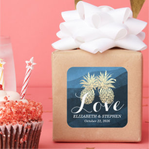 Adesivo Quadrado Casamento Obrigado Casal de abacaxi Azul Dourado C