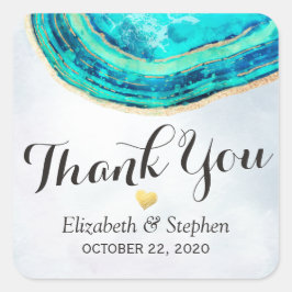 Adesivo Quadrado Casamento Obrigado Watercolor Teal Dourado Agate G