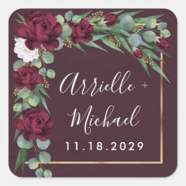 Adesivo Quadrado Casamento outono de Borgonha Floral Dourada