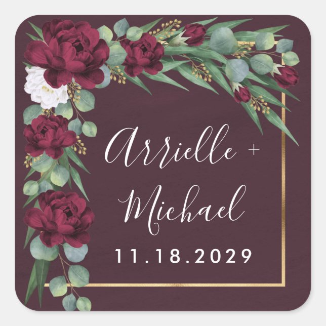 Adesivo Quadrado Casamento outono de Borgonha Floral Dourada (Frente)