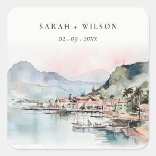 Adesivo Quadrado Casamento Paisagem Aquarela Kauai Hawaii