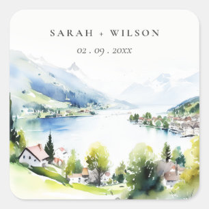 Adesivo Quadrado Casamento Paisagem Aquarela Lungern Suíça