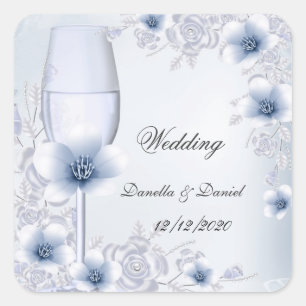 Adesivo Quadrado Casamento Prata Azul Flores Rosas em Flor