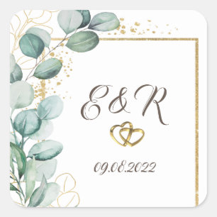 Adesivo Quadrado Casamento Quadro Dourado Folhagem Eucalipto Elegan