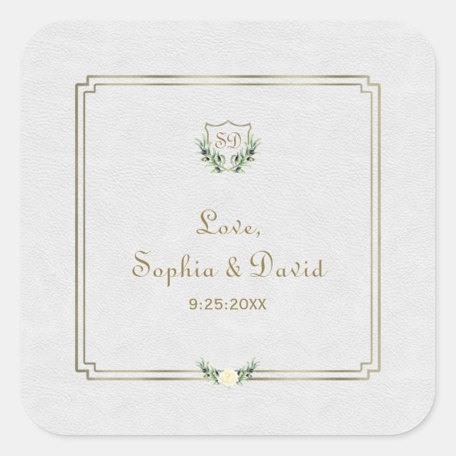 Adesivo Quadrado Casamento Real Dourado Crest Lush Greenery (Frente)