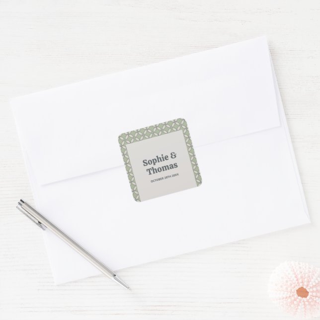 Adesivo Quadrado Casamento Retro Mod de Meados do Século em Verde O (Envelope)
