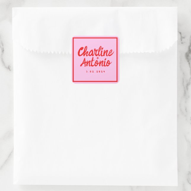 Adesivo Quadrado Casamento Retroativo com Escrita Manual Vermelha M (Bolsa)