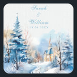 Adesivo Quadrado Casamento romântico da igreja de neve<br><div class="desc">Convide os entes queridos para a sua comemoração romântica do inverno com este encantador viciado na Praça do casamento, com uma floresta coberta de neve e uma igreja acolhedora do campo. Perfeito para casamentos de Natal, cerimônias de férias, ou elopementos de montanha rústicos, esta design combina elegância e calor sazonal....</div>