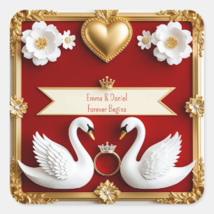 Adesivo Quadrado 🌹 Casamento Romântico de Cisnes com Moldura Doura