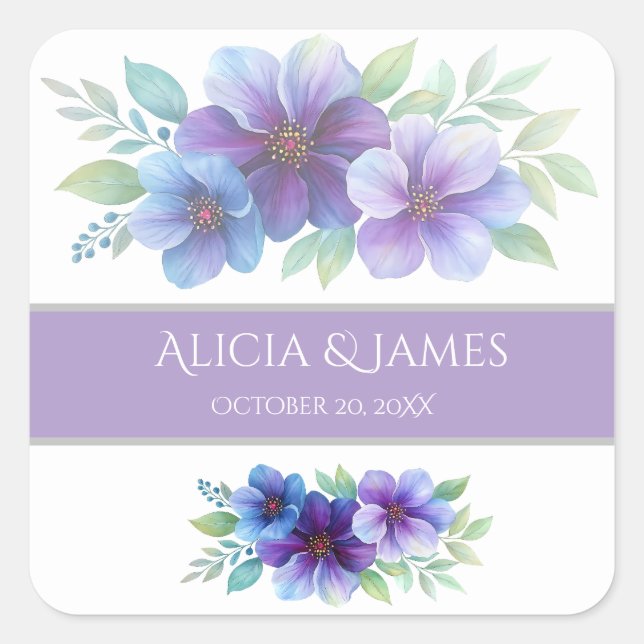 Adesivo Quadrado Casamento Romântico de Cor Azul Botânica Romântica (Frente)