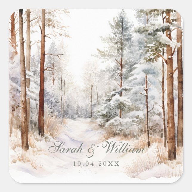 Adesivo Quadrado Casamento romântico de inverno na floresta de neve (Frente)