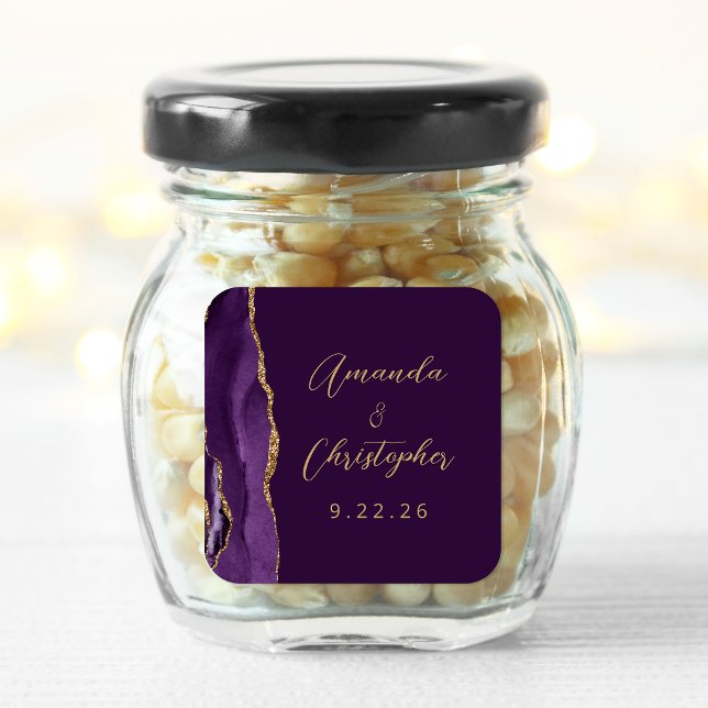 Adesivo Quadrado Casamento Roxo Ágata Dourado Script Ameixa (Criador carregado)