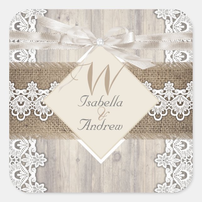 Adesivo Quadrado Casamento Russo Beige White Lace Wood Burlap AB (Frente)