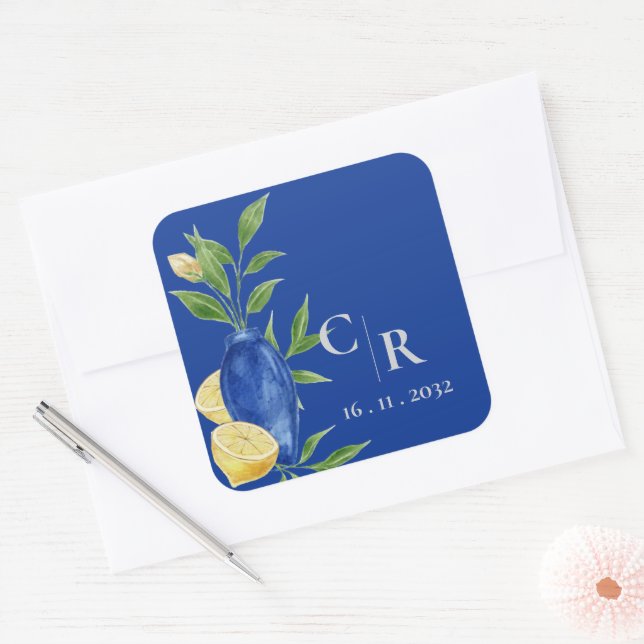 Adesivo Quadrado Casamento Russo Bonito Monograma Amarelo Azul-Limã (Envelope)
