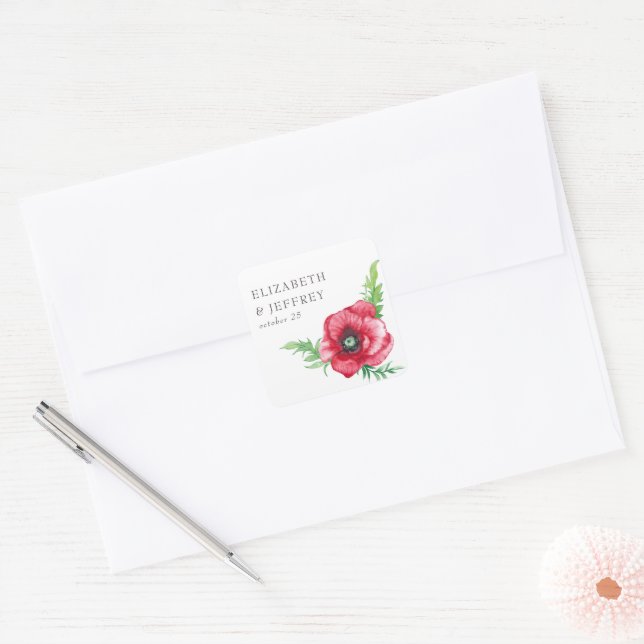 Adesivo Quadrado Casamento Rustic Elegant Watercolor Red Poppy (Envelope)