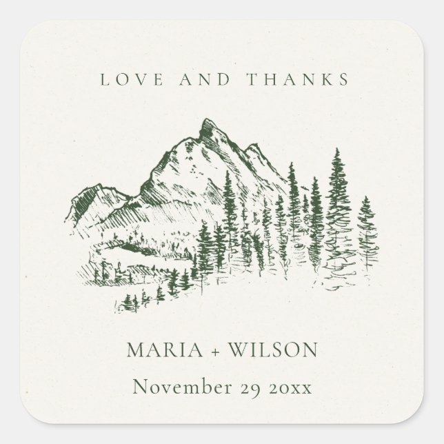 Adesivo Quadrado Casamento Rustic Green Pine Woods Mountain Sketch (Frente)